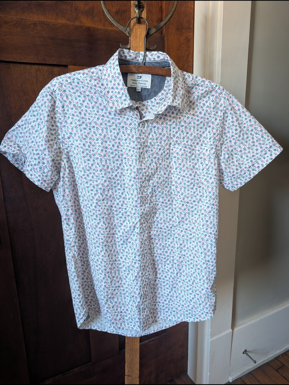 Thread And Cloth White Short-Sleeve Polo with Blue and Pink Floral Print